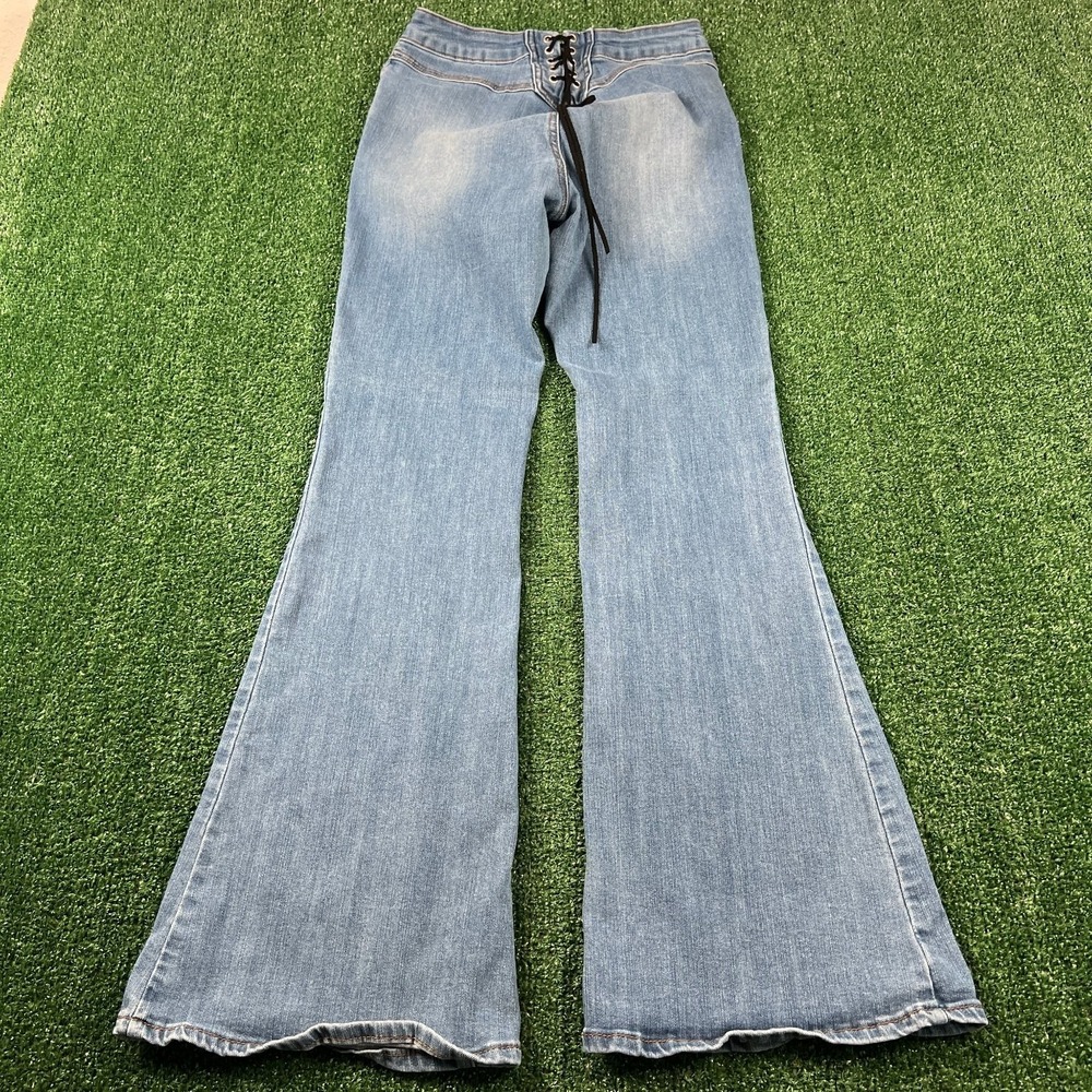 S.O.N.G. Flare Leg Lace-Up Back Jeans Women's 5/27 27x30" Blue Stretch Denim Y2K